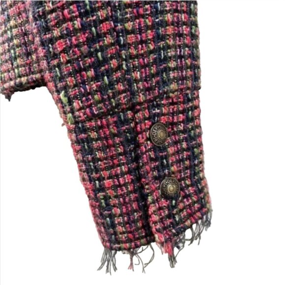 Y2K Womens Tweed Multicolor Boucle Blazer Jacket Military Style Navy Pink XS - Picture 6 of 9
